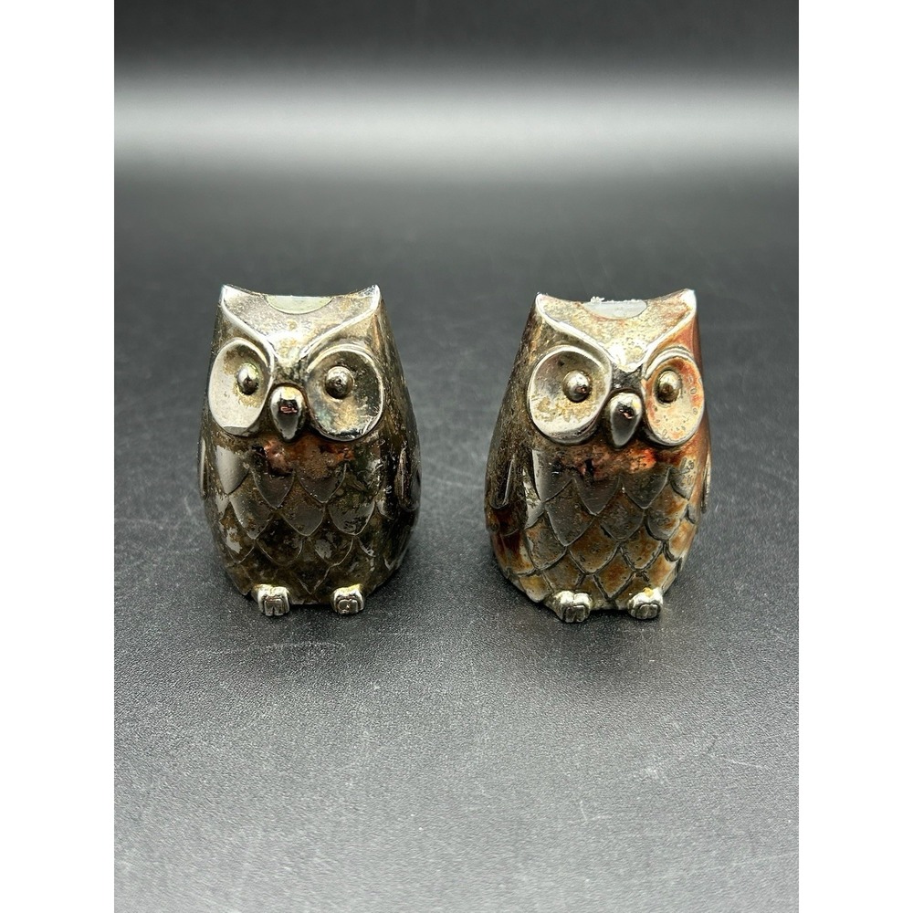 VTG Owl Salt & Pepper Shakers Tarnish Resistant Silver Plate 2" Japan